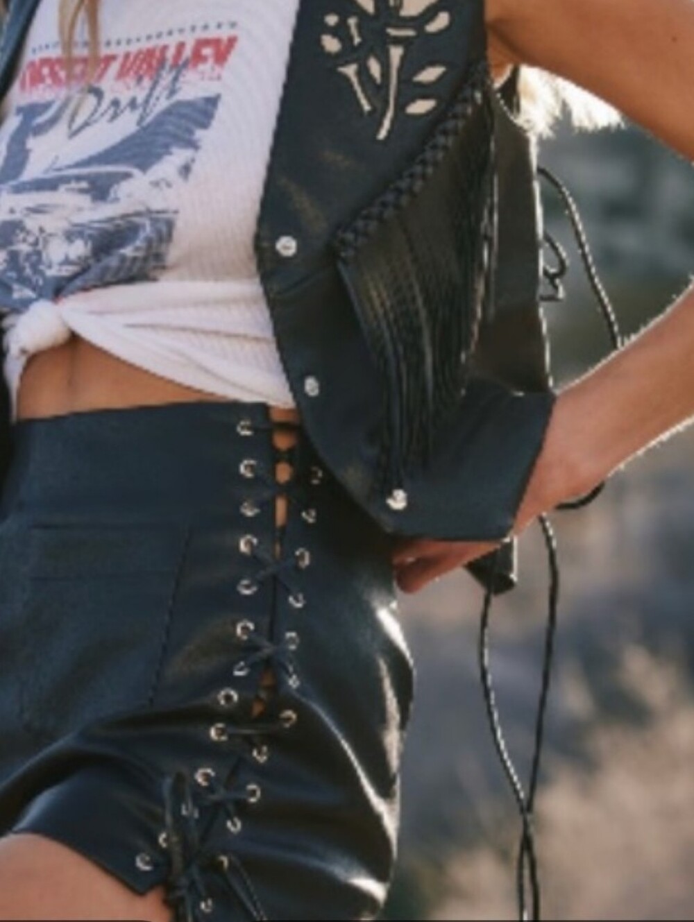 12th Tribe Black Faux Leather High-Waist Lace-Up Shorts